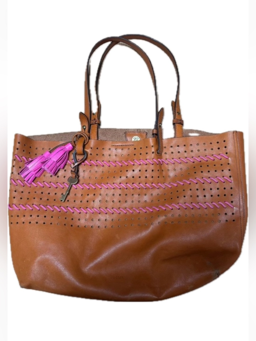Fossil Brown Leather Tote with Pink Accents